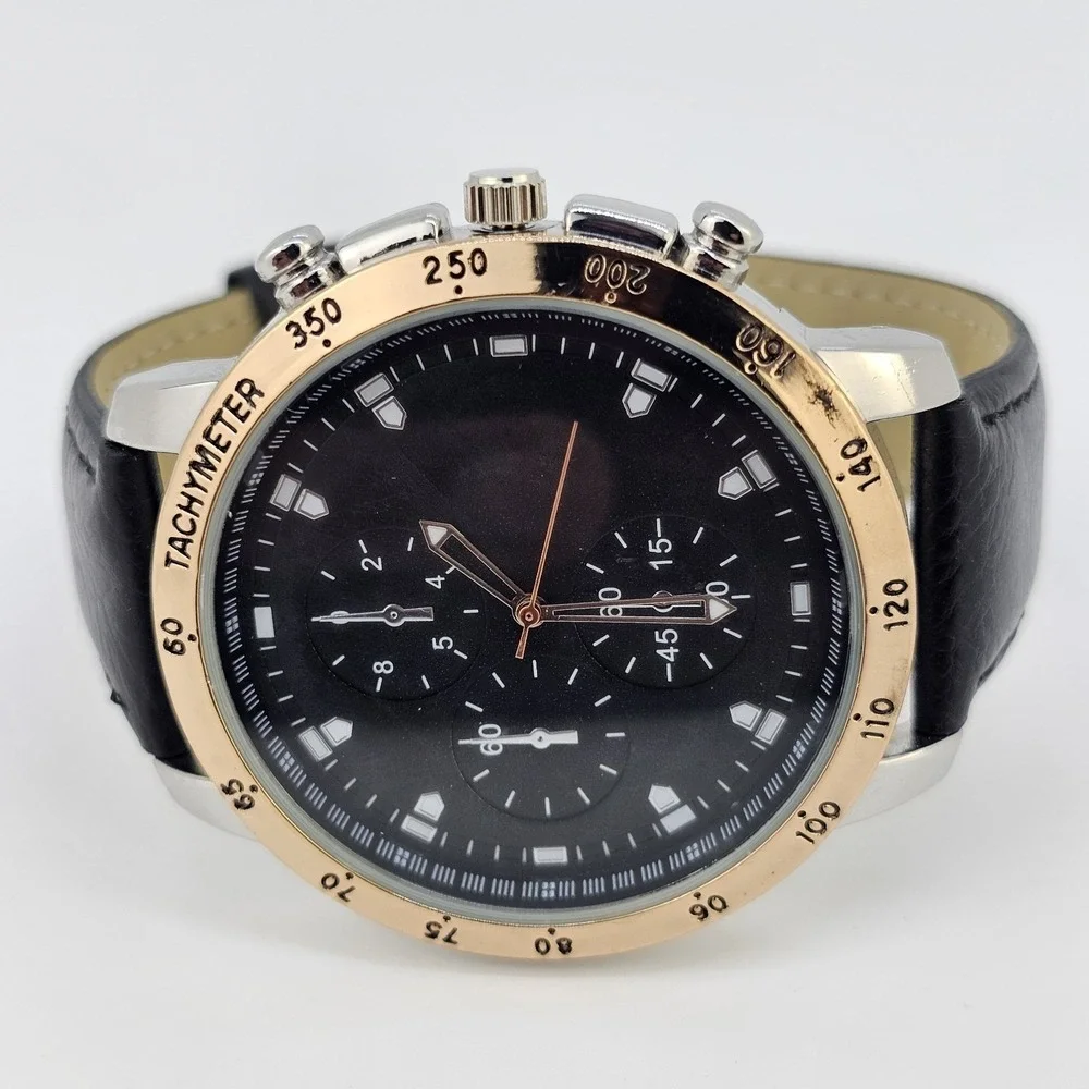 48MM Men's Analog Watch Black Dial Black Faux Leather Bands New‎ Battery